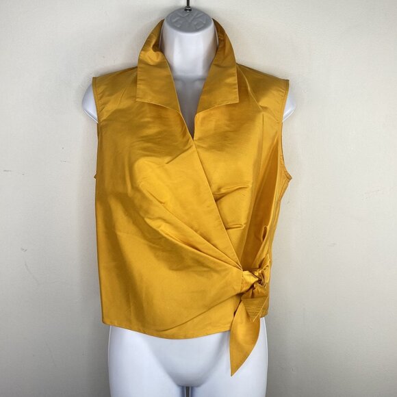 Coldwater Creek Womans Wrap Top Size M Petite Yellow Silk Sleeveless Tie Detail - Picture 10 of 12